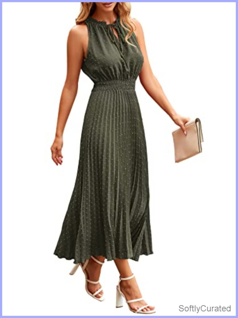 Swiss Dot Midi Summer Dress V Neck Ruffle Sleeveless A Line Swing